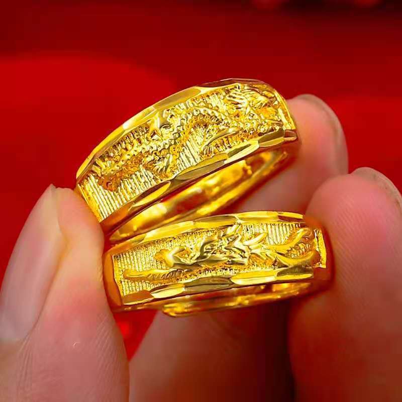 Cincin Pasangan Naga Phoenix Berlapis Emas 24K Sederhana Fashion Pria dan Wanita