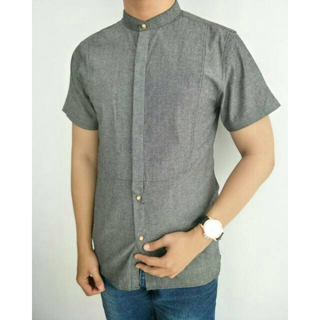 Kemeja lengan pendek pria abu kerah shanghai