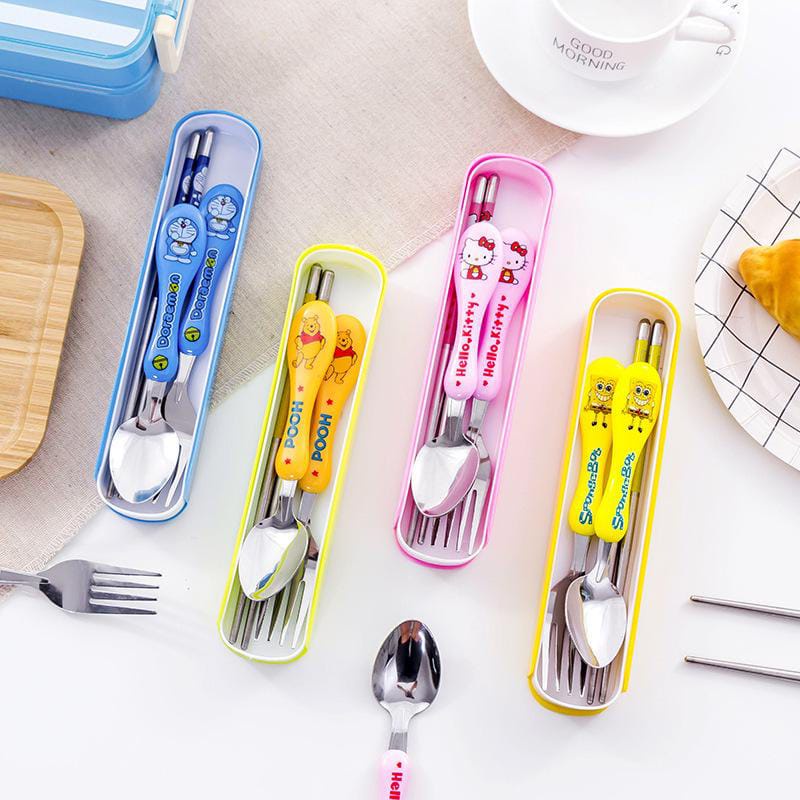 ~ PIYOSHI08 ~ Sendok Garpu Sumpit Set 3 in 1 Alat Makan Anak Stainless Steel Motif Karakter Lucu PD128