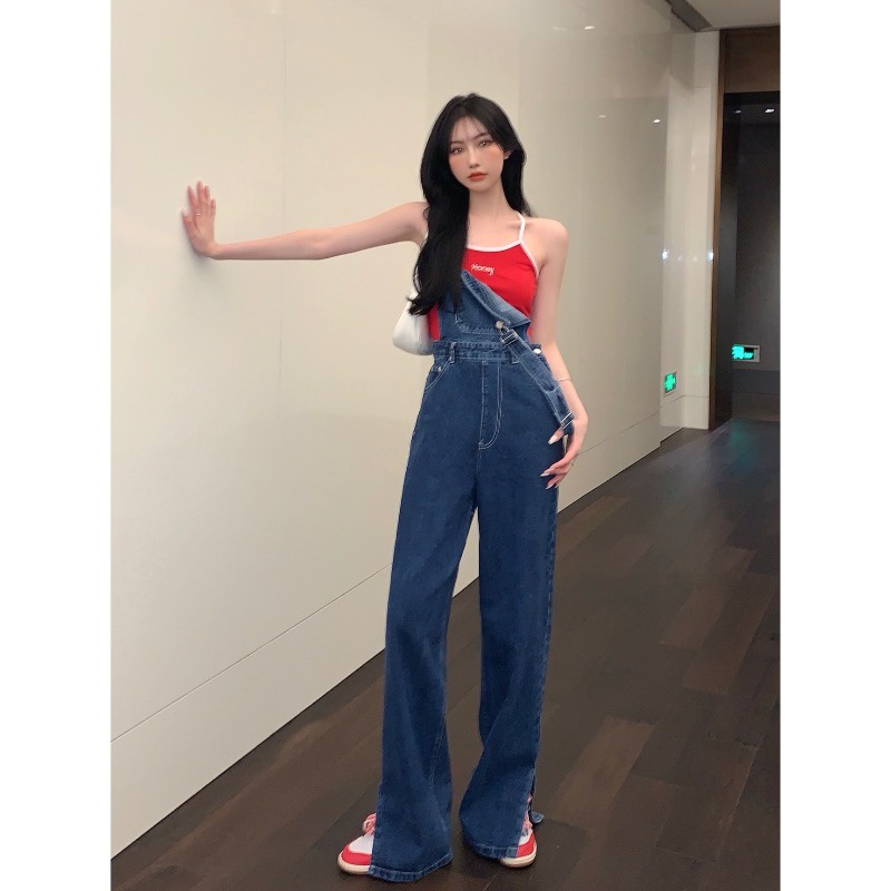 Gaya Korea Jeans Retro Denim Overall Wanita Pinggang Tinggi Longgar Kaki Lebar Celana Mengepel Musim