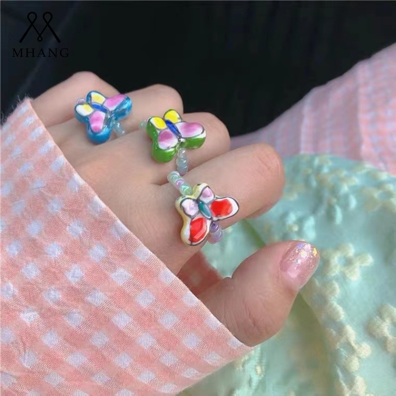 Cincin Manik-Manik Kupu-Kupu Warna-Warni Bahan Akrilik Gaya Korea Untuk Wanita