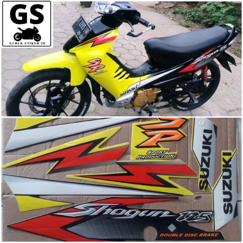 STRIPING STIKER LIS BODY MOTOR SUZUKI SHOGUN SP 125 TAHUN 2005 KUNING HITAM