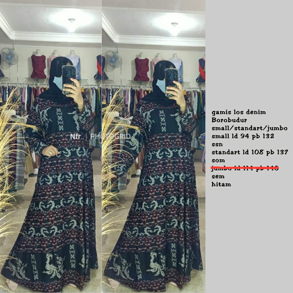 gamis jessnad calvin jeans los denim motif borobudur dan sumbawa S M ld 94 XL ld 108 jumbo 3L ld 114