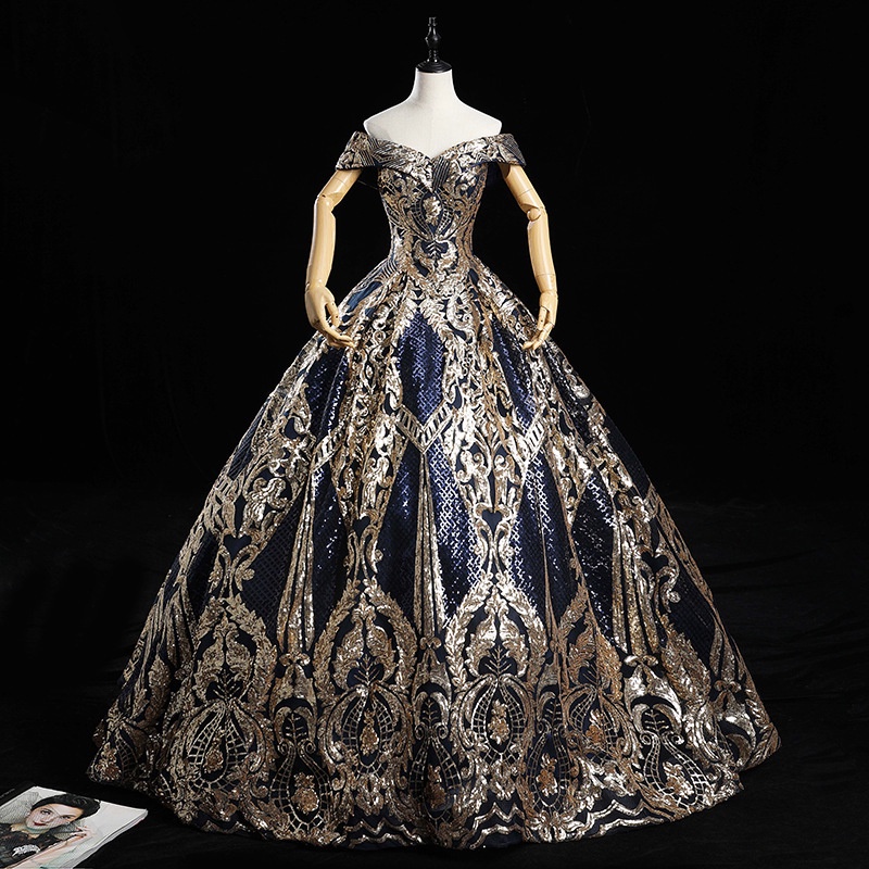 Vintage Bridal Navy Off Shoulder Wedding Dress Lace Sequin Beaded Bridal Ball Gown Dress