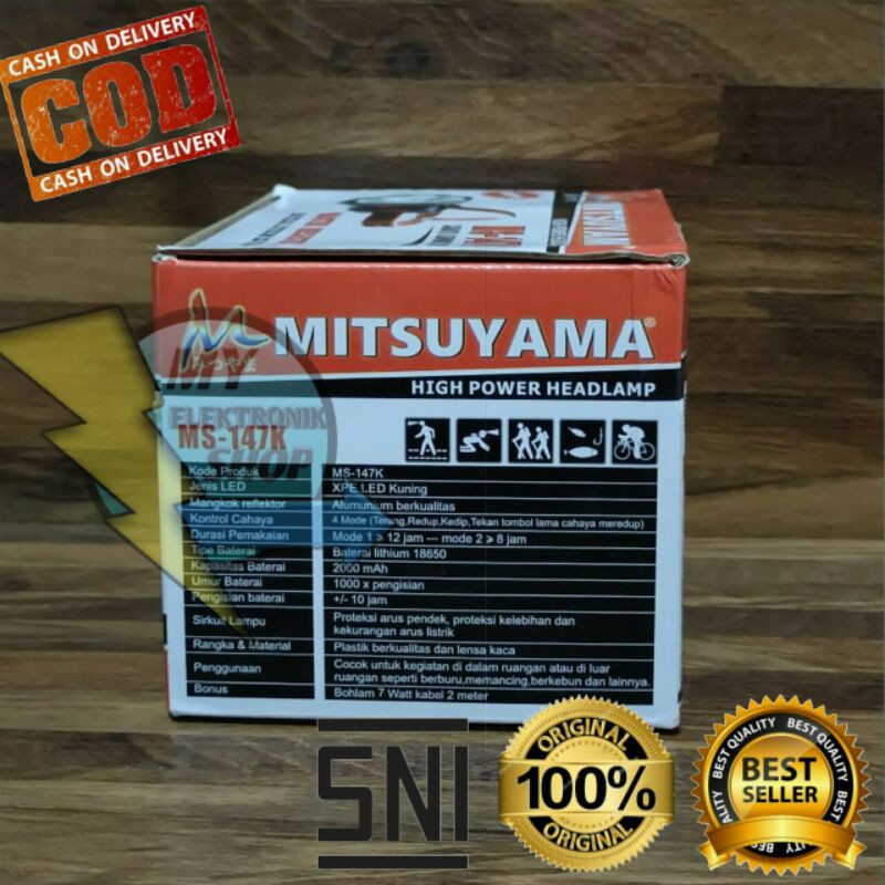 Senter Kepala 50Watt LED Cahaya Kuning MITSUYAMA Headlamp LED 50W Senter kepala Dimmer Water Resistant Ms-147K Free bohlam