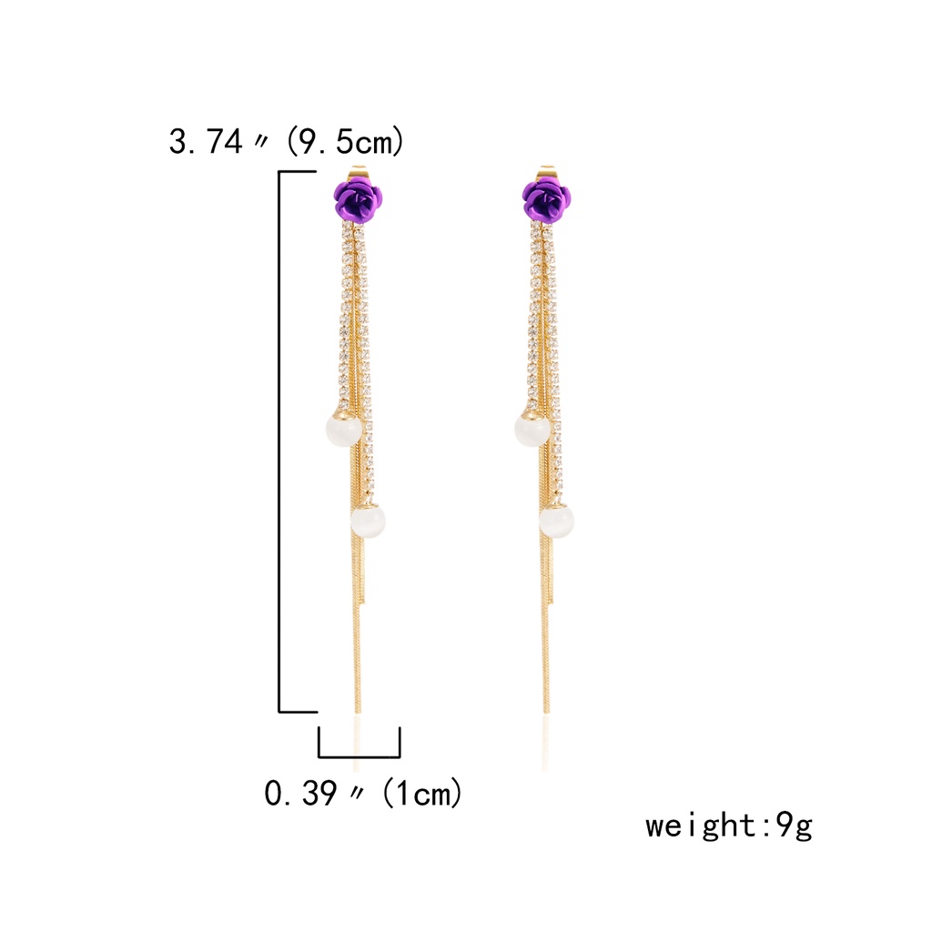Anting Tusuk Gantung Desain Bunga Mawar Merah + Ungu Hias Berlian Imitasi Untuk Wanita