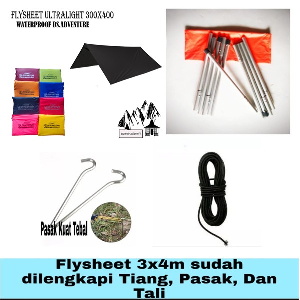 Flysheet FULL SET 3x4, DS ADVENTURE buscraft bivak set tiang tenda, pasak dan tali