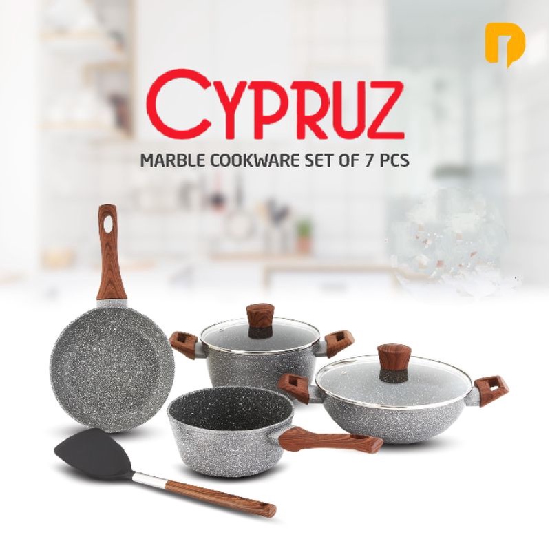 Cypruz Cookware Marble Panci Set Anti Lengket / Frypan Set 7 pcs