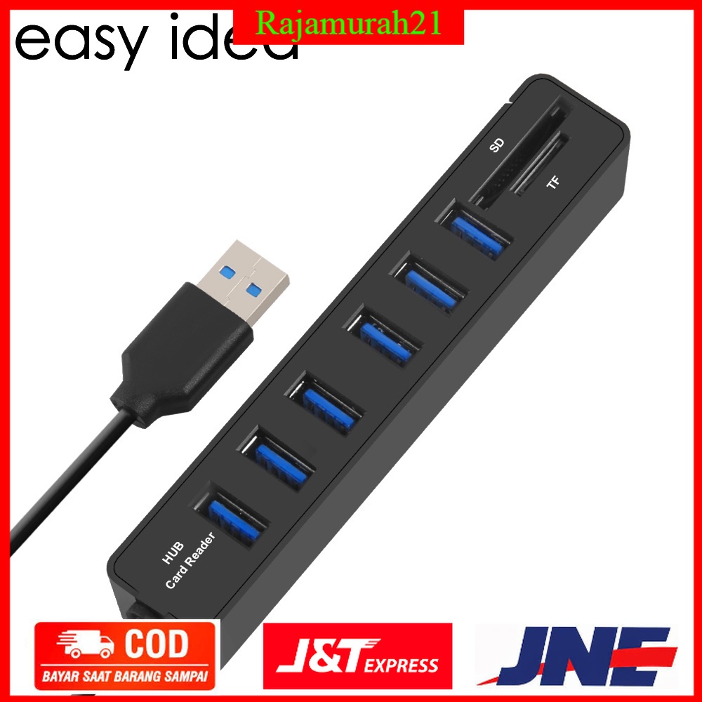 PROMO!!!2 in 1 USB Hub 6 Port Combo Card Reader SD/TF Card - CB220602 - Black