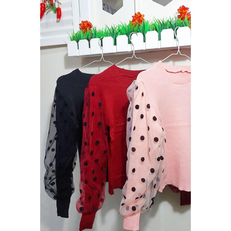 atasan lengan balon import ld 90 hingga 130 /baju lengan balon rajut import polkadot