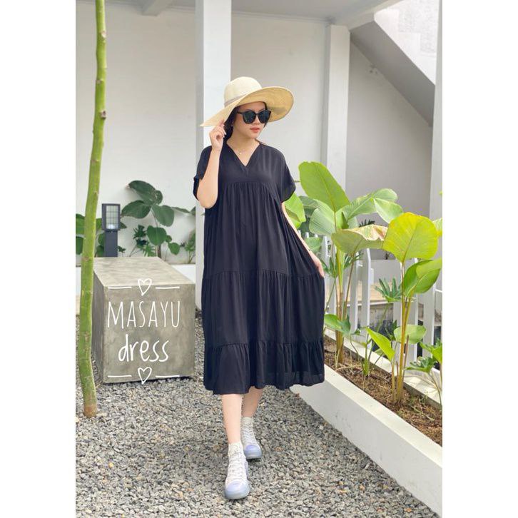 Dress Masayu - Dress Wanita Jumbo Rayon Premium Baju Wanita Polos Lengan Pendek Pakaian Casual Kekinian LD 115 cm