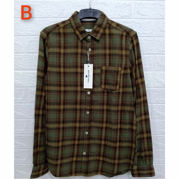 Kemeja pria Kemeja Flanel Pria Lengan Panjang Tom Tailor Original High Quality - B, L jumbo putih te