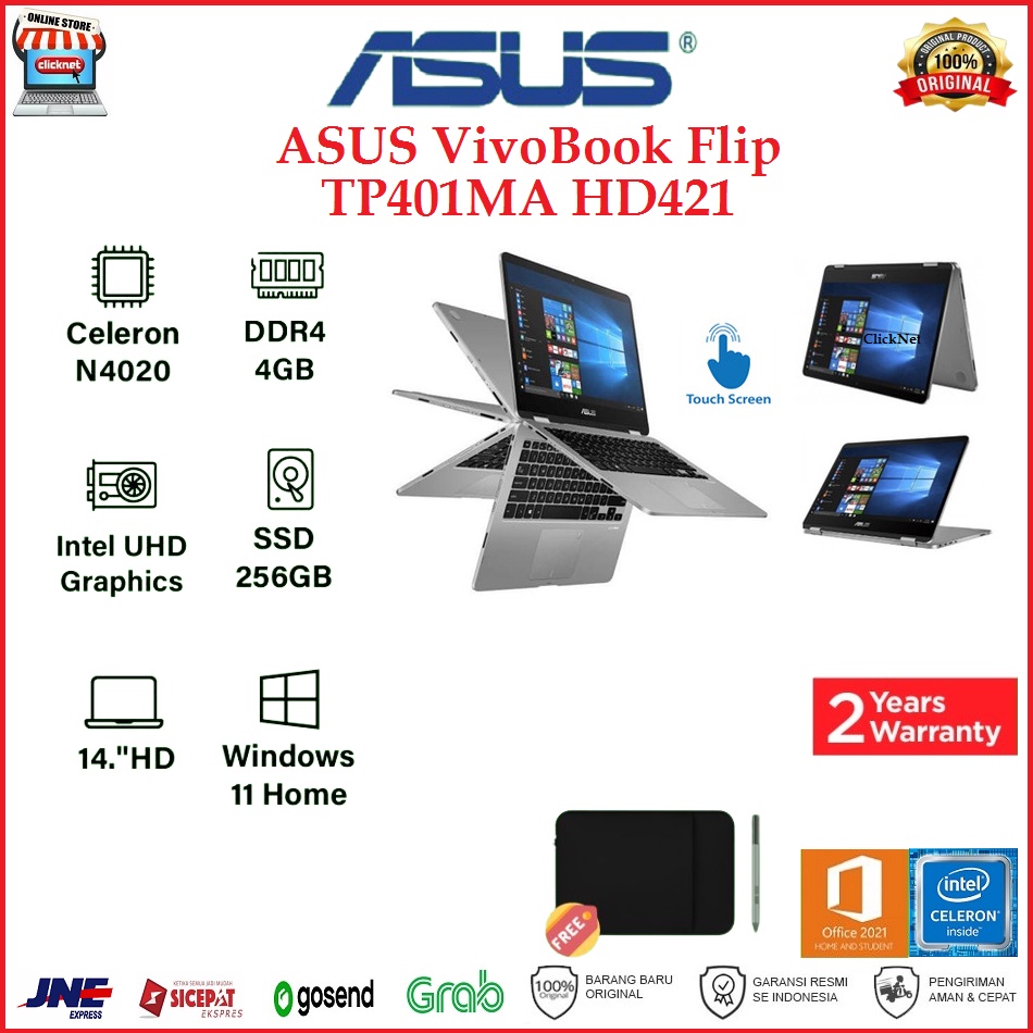 ASUS VivoBook Flip TP401MA HD421 N4020 4GB 256GB SSD WIN11 OHS