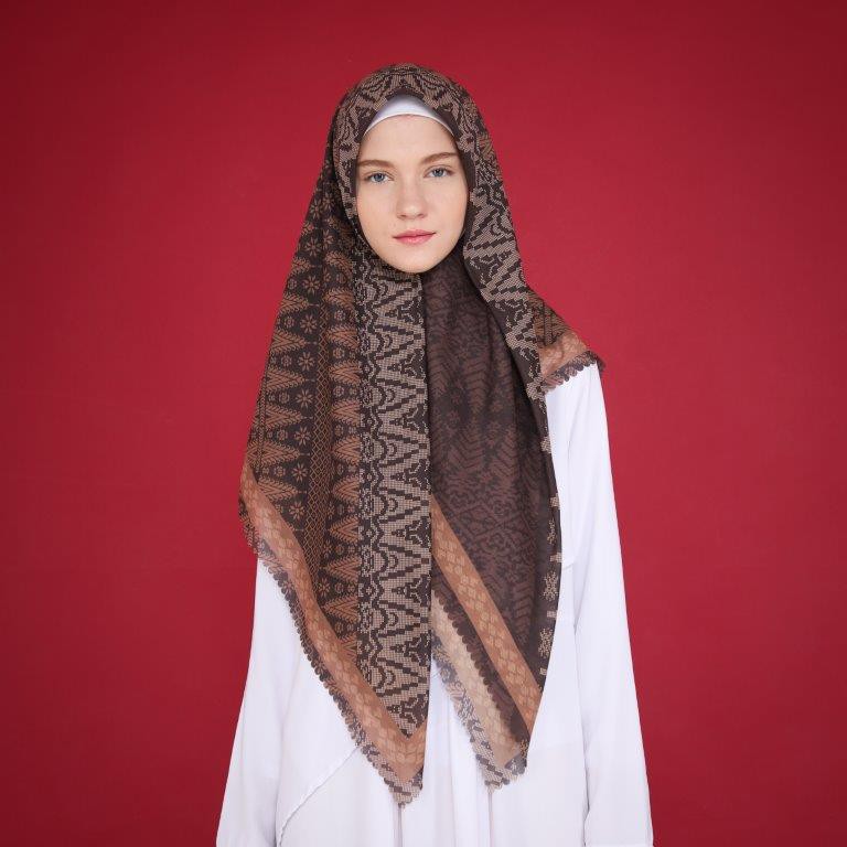 Hijab Motif Songket Palembang Warna Cokelat