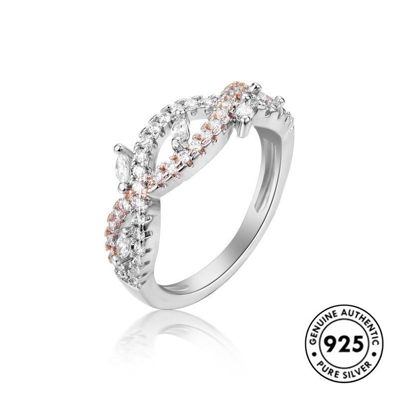 Cincin Lapis Silver S925 Model Daun Warna Rose Gold Dengan Berlian Imitasi Untuk Wanita