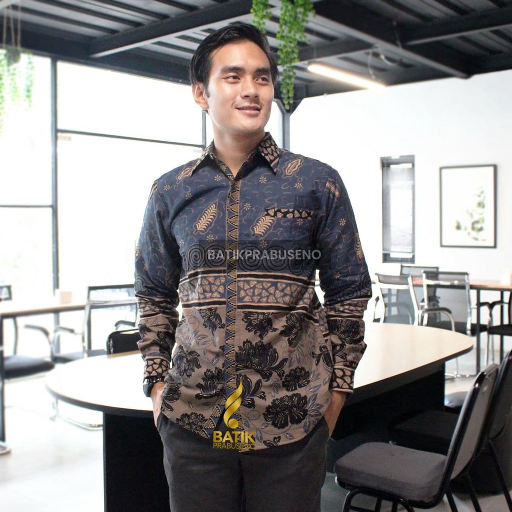 Wanda Biru Batik Pria Katun Printing Size Slimfit Lengan Panjang Asli Prabuseno Halus Adem Elegan He