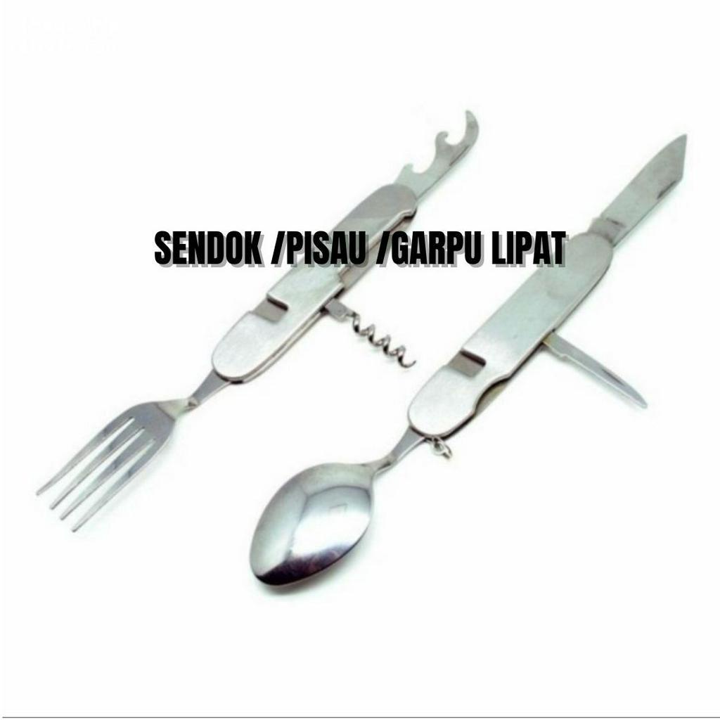 SENDOK GARPU LIPAT (1 SET) SERBAGUNA MULTIFUNGSI CAMPING OUTDOOR STAINLESS SENDOK MAKAN