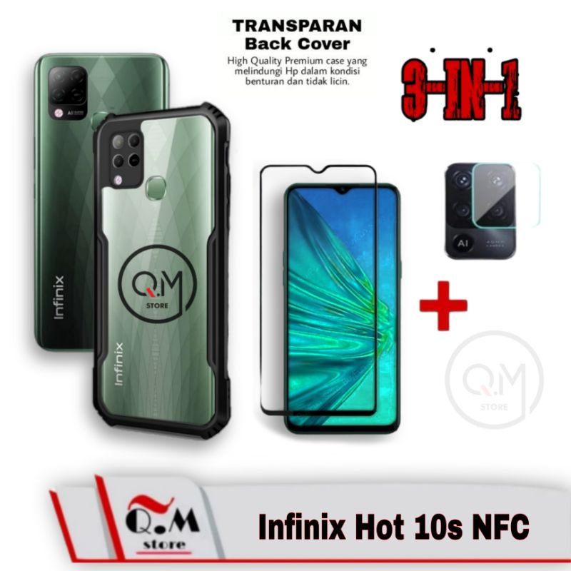 PAKET 3-IN-1 Case INFINIX HOT 10S NFC Softcase Transparan TPU Shockproof High Quality Pelindung