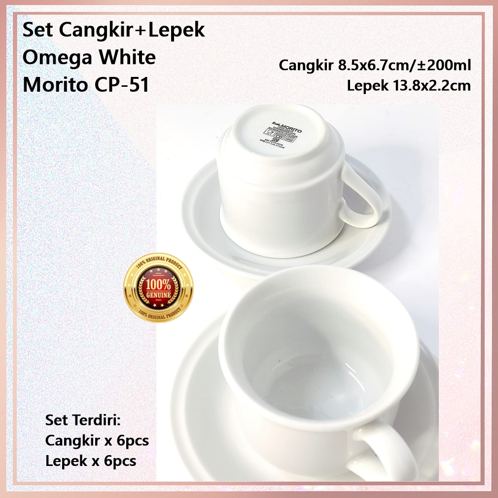 [Set 12pcs] Set Cangkir+Lepek Keramik Omega White Polos MORITO CP-51