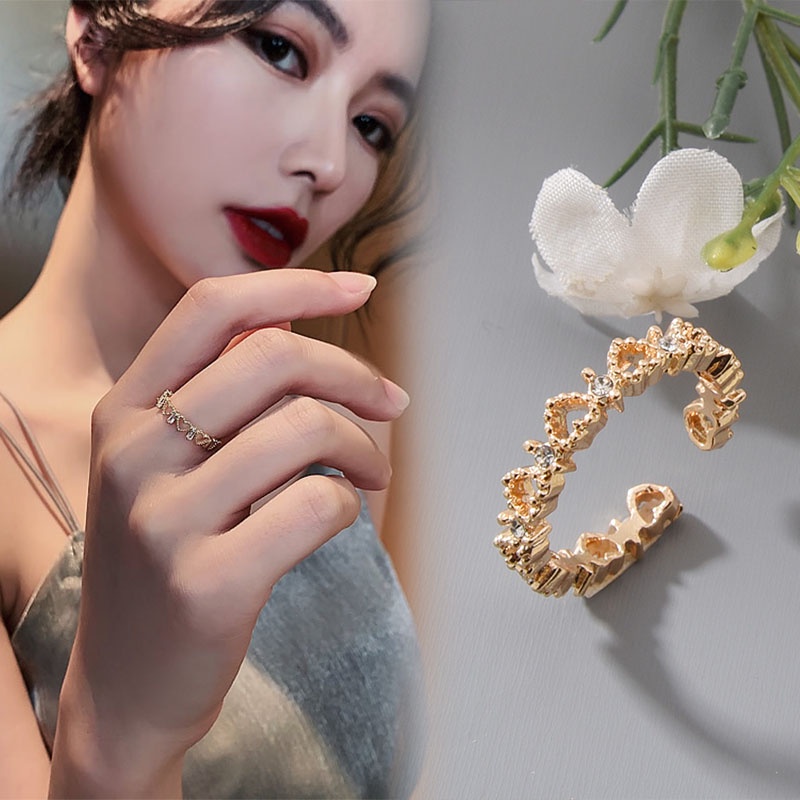 Cincin Model Terbuka Adjustable Desain Hati Aksen Zircon Untuk Wanita