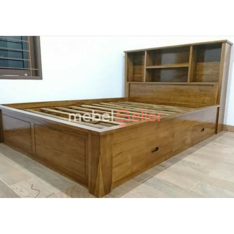 Tempat tidur ranjang minimalis kayu jati, dipan laci sorong jepara