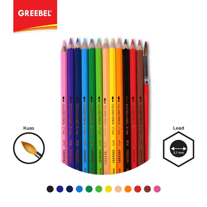 PENSIL WARNA / WARNA CERAH / BAHAN KUAT GREEBEL / GREEBEL 6712 3.7 Extra Strong Water Colour Pencil 12 Warna