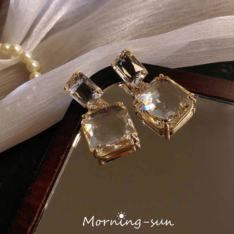 Anting Kristal Persegi Buatan Transparan Perempuan Korea elegance