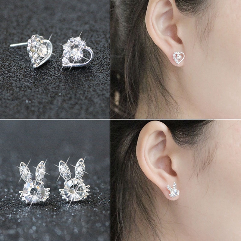 Anting Tusuk Desain Hati Kristal + Pita Warna Silver Gaya Korea untuk Wanita