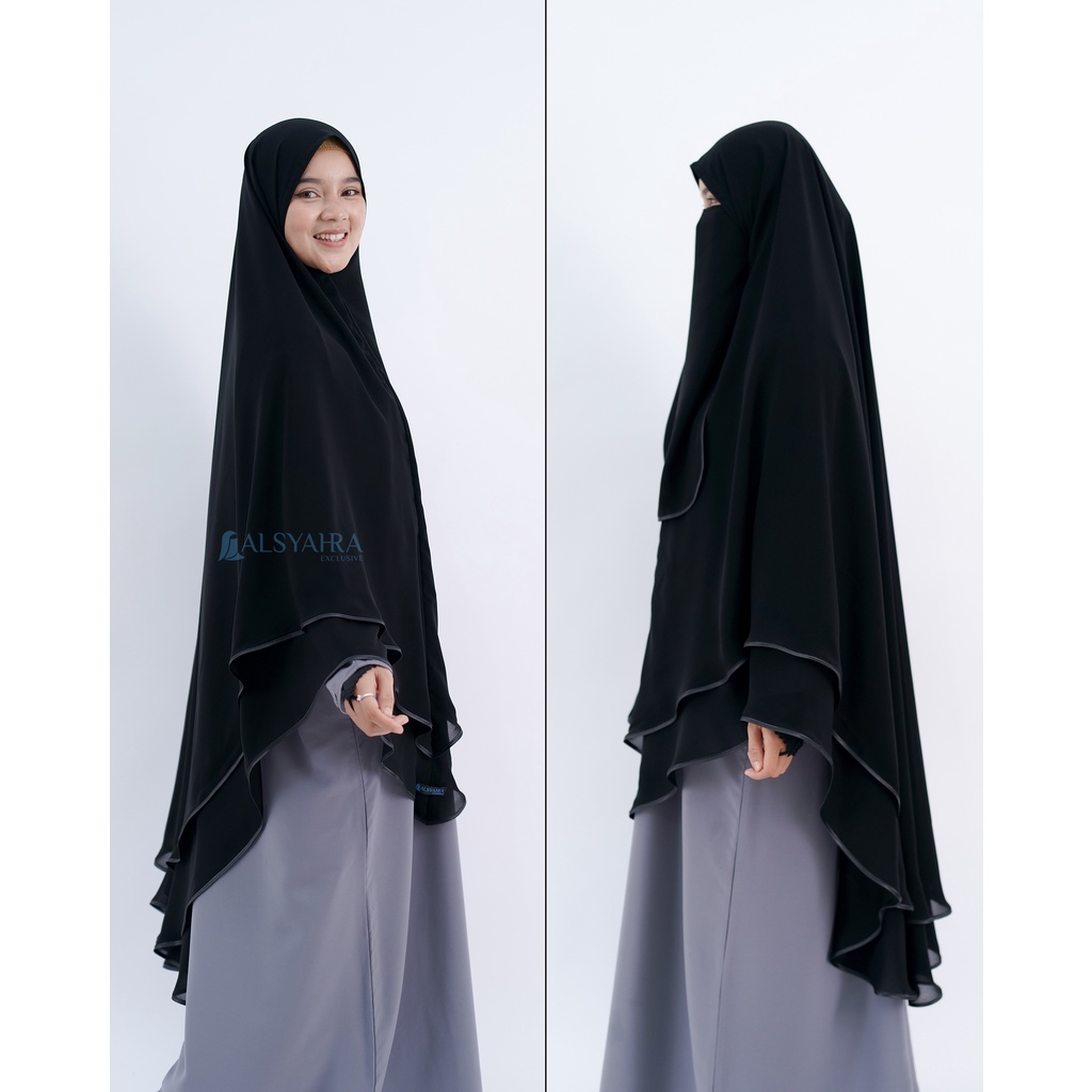 Khimar Syari Shofa bisban 2 layer sifon Jetblack Free Cadar Tali Alsyahra Exclusive