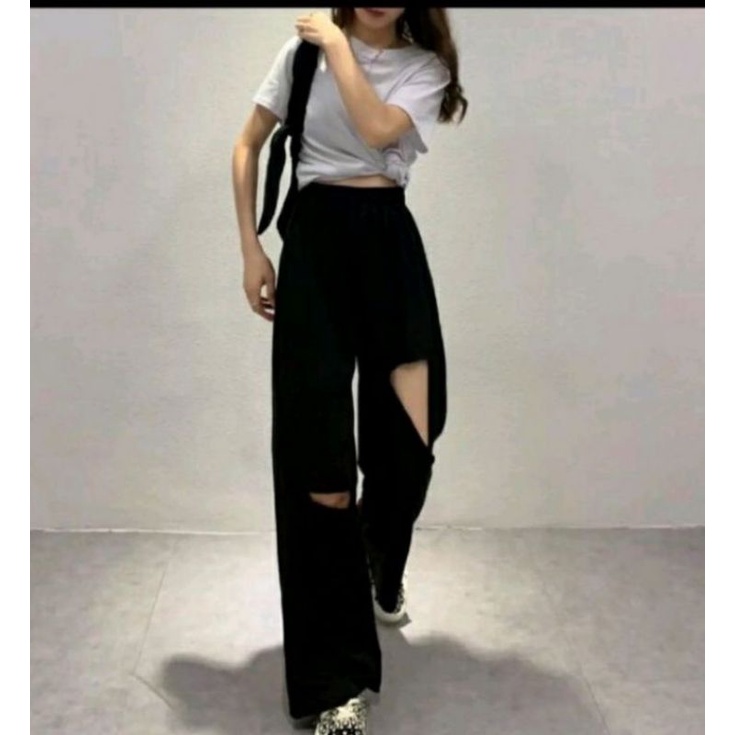 Celana Kulot Jeans Wanita Sobek Highwaist Loose Repped Panjang Hitam Fashion