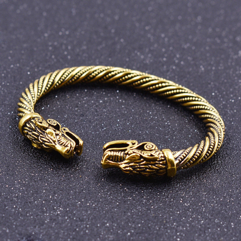 Gelang Kepala Naga Baja Titanium Antik Pria Emas Perak Punk Fashion Bangle Bracelet