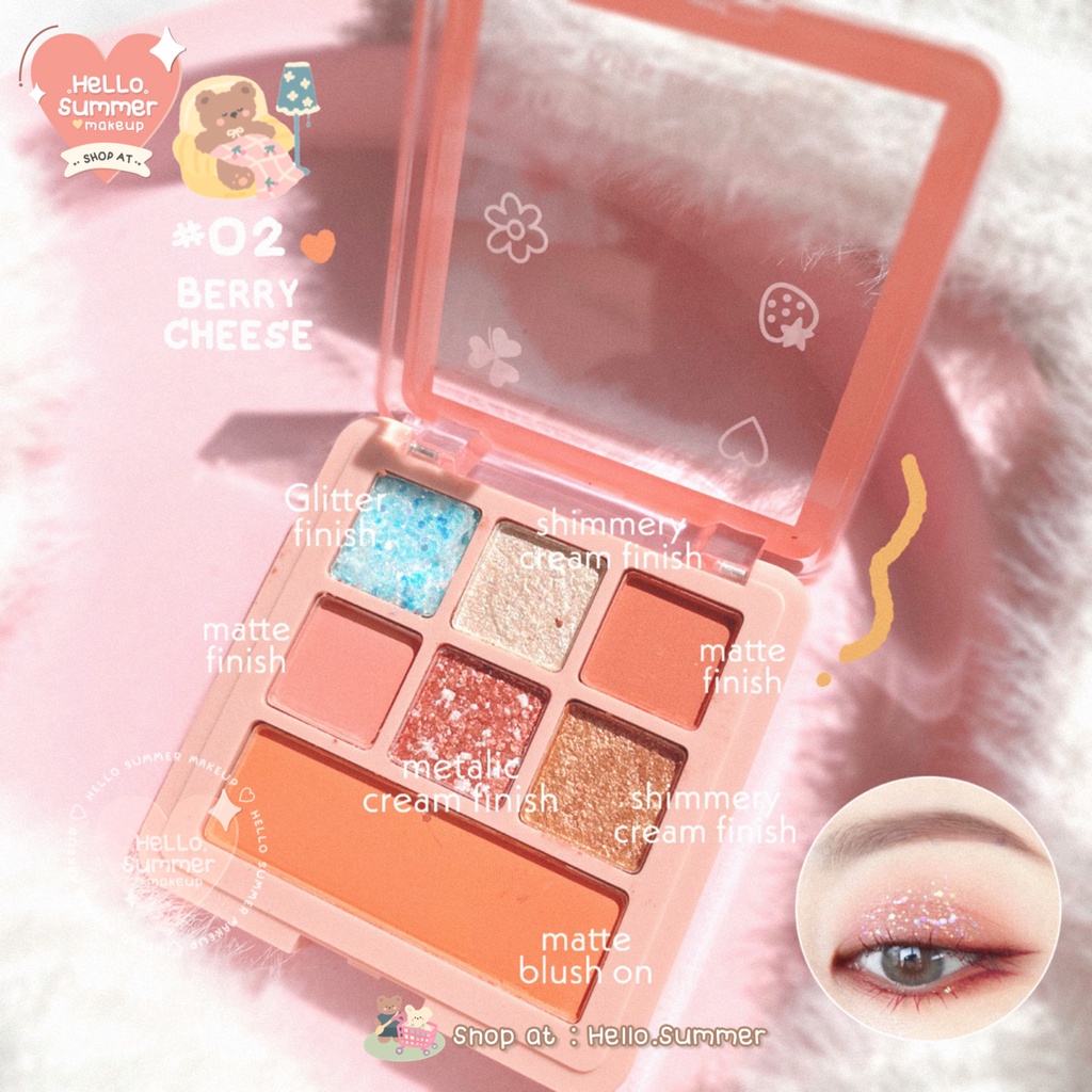 𝐄𝐘𝐄𝐒𝐀𝐇𝐃𝐎𝐖 &amp; 𝐁𝐋𝐔𝐒𝐇 𝐏𝐀𝐋𝐄𝐓𝐓𝐄 - Kiss Beauty Strawberry Mini Eyeshadow &amp; Blush Palette Korean Makeup