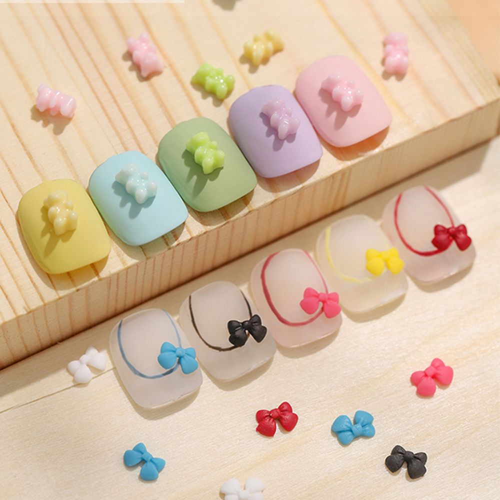 MXBEAUTY 30Pcs/Bag Bow Bear Nail Art Accessories Cartoon DIY Nail Art Decorations Bear Bow Nail Studs Cute Candy Color Mixed Resin Nail Salon Manicure Ornaments Matte Nail Jewelry