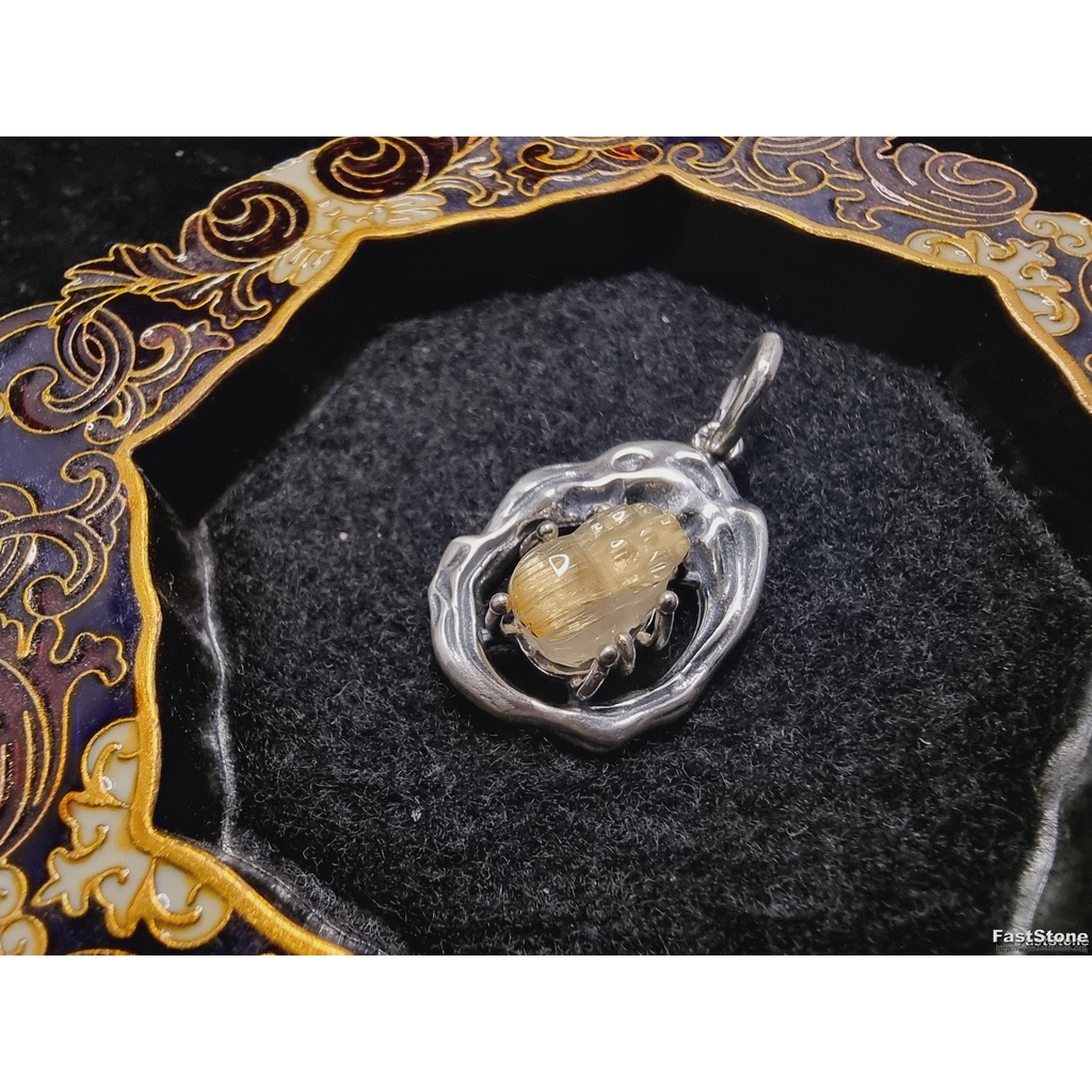 Liontin Silver 925 Batu Gold Rutile Quartz Ukiran PiXiu HQ 10mm F194