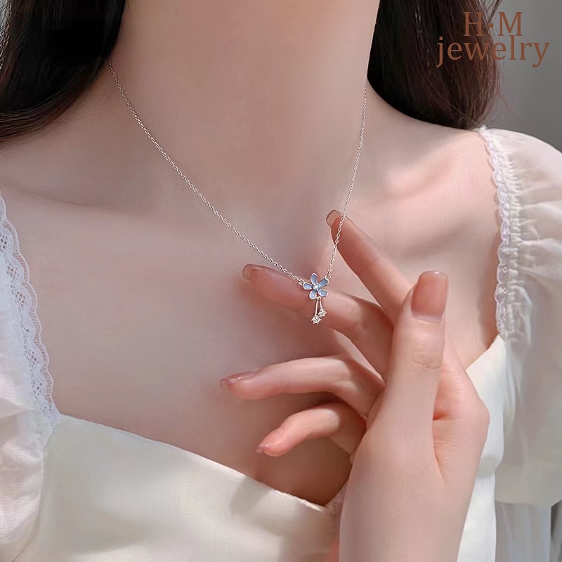 Kalung Collarbone Desain Bunga Biru Untuk Wanita