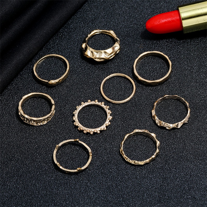 9 Pcs / Set Cincin Bentuk Geometris Distorsi Tidak Teratur Bahan Logam Untuk Wanita