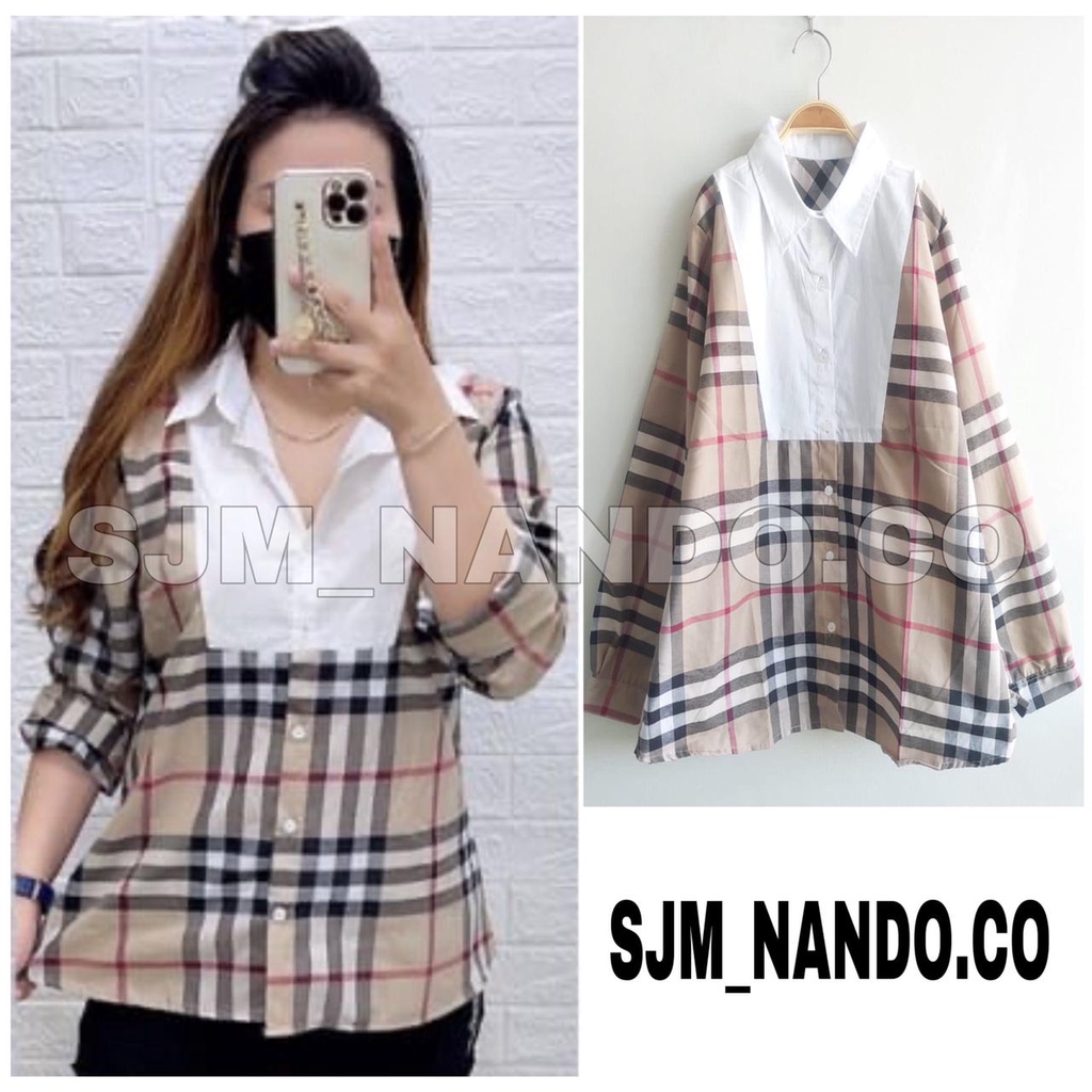 SJM kemeja wanita salur kombinasi lengan panjang kualitas import 710&707-2