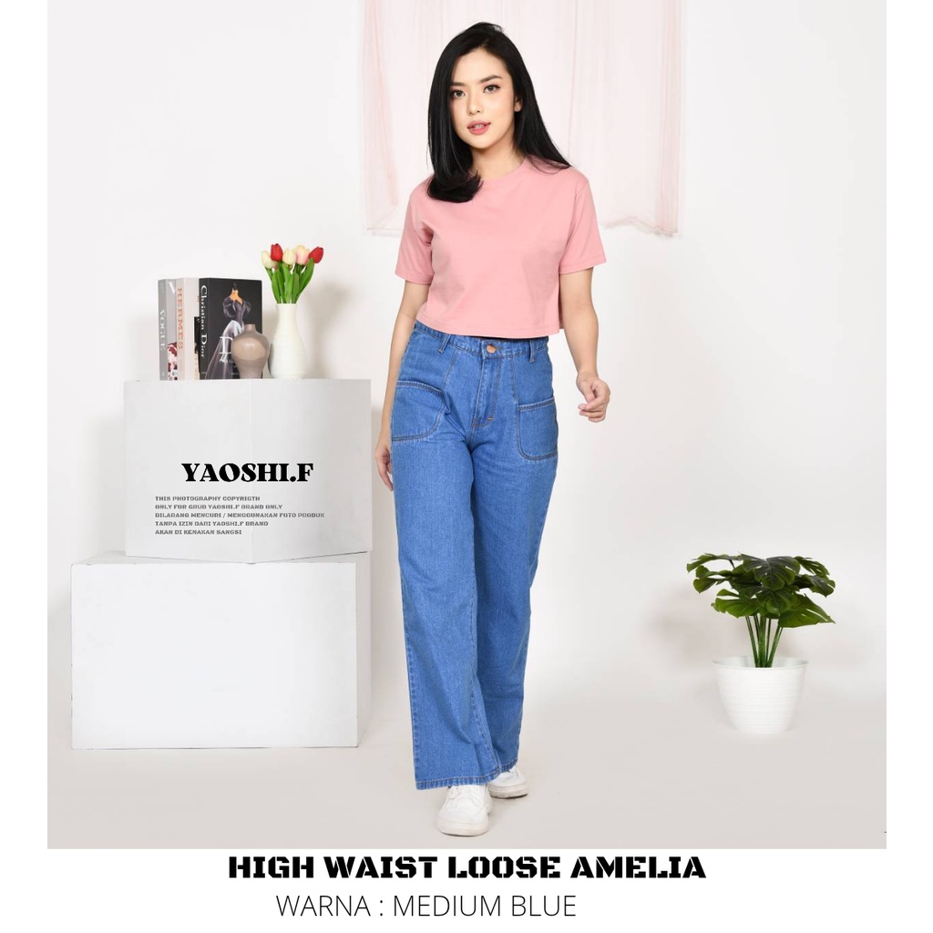 YAOSHI- Celana Panjang Pinggang Tinggi Wanita - BF Kulot  Loose Jeans Vintage Amelia Gaya Korea LONG PANTS