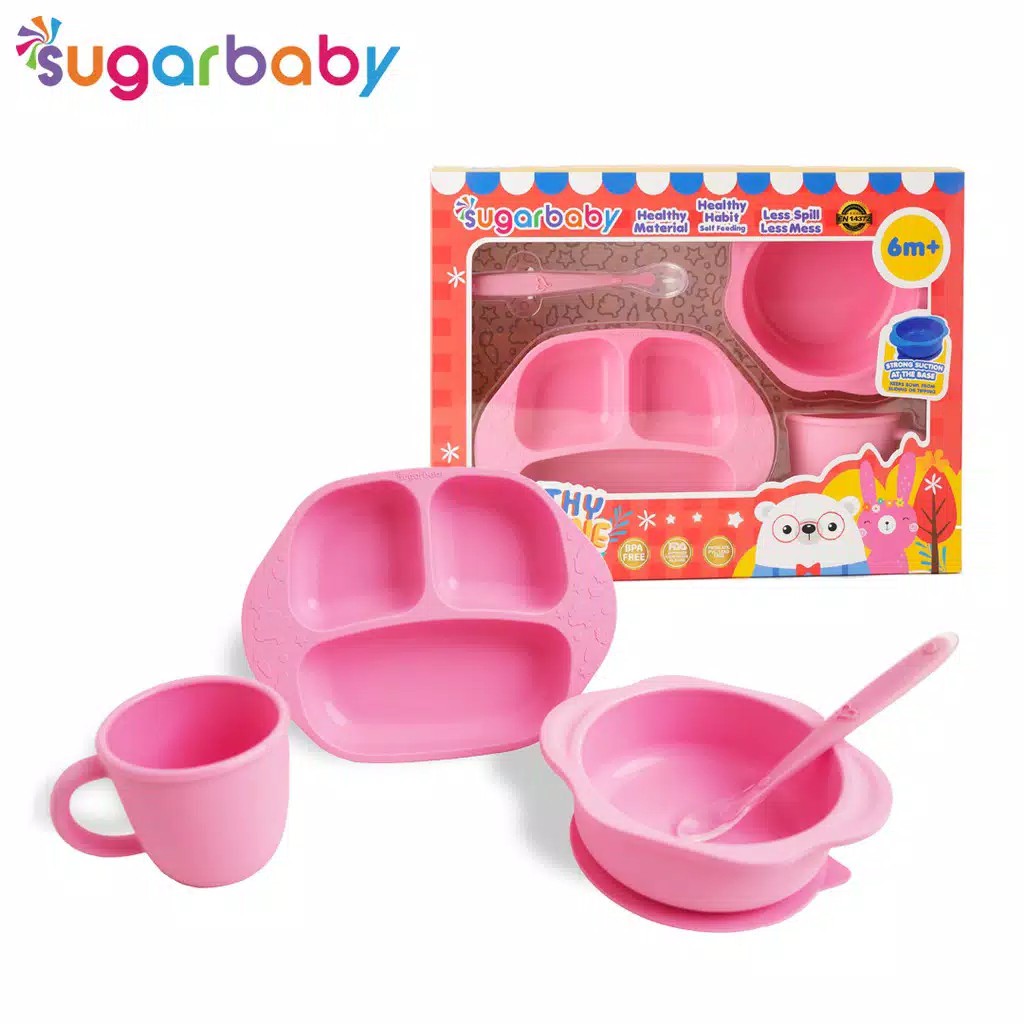 4IN1 healthy Silicone feeding set piring makan set sugarbaby mangkok set bayi feeding set makan Sugar Baby Healthy Silicone Feeding Set (isi 4) - Blue pink Green Tempat makan bayi feeding set bayi plate bowl spoon tempat makan bayi set kado bayi