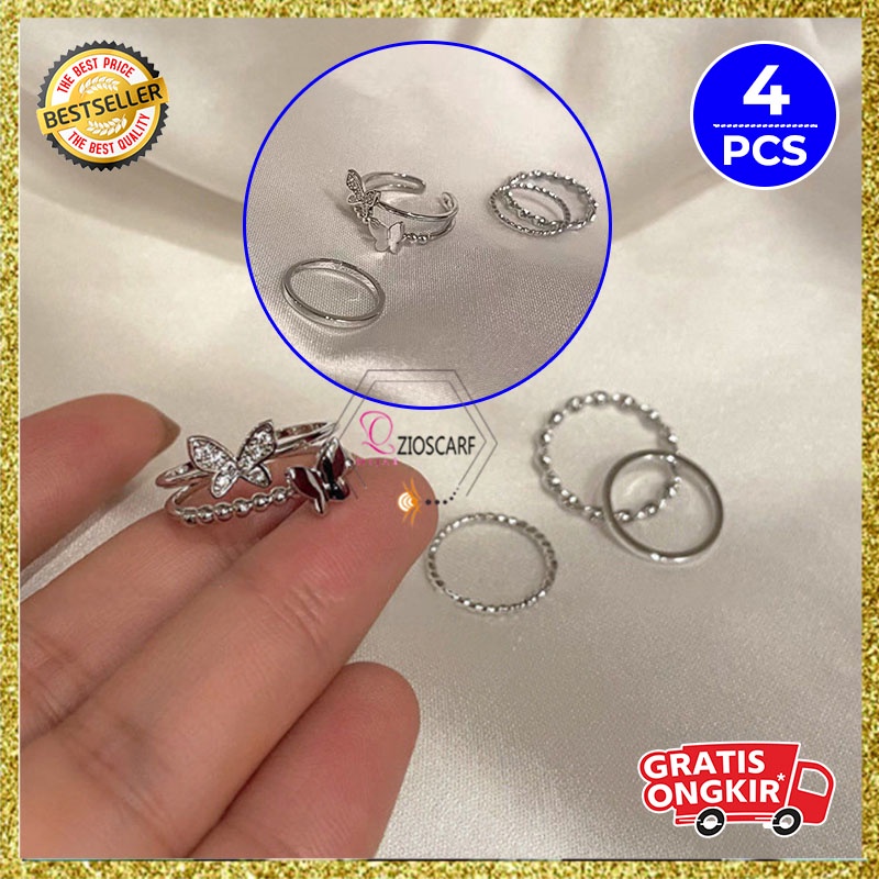 Cincin Aksen Kupu Wanita Korea Titanium Perak 4 Pcs / Set Aksesoris perhiasan Perempuan korea CNC9