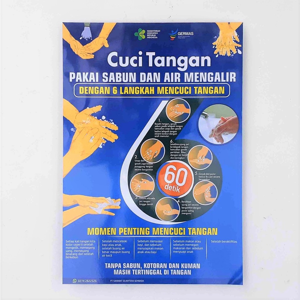Poster kesehatan versi KEMENKES RI, enam langkah cuci tangan, 6 langkah cuci tangan