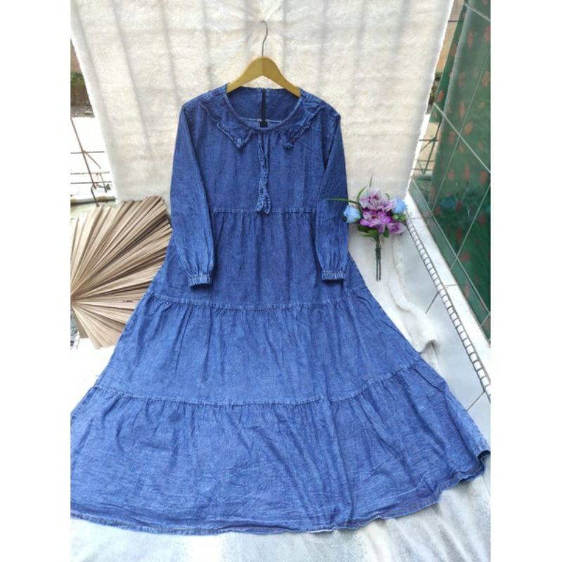 Stone Midi Dress Wanita Jumbo Jeans Washed LD 120