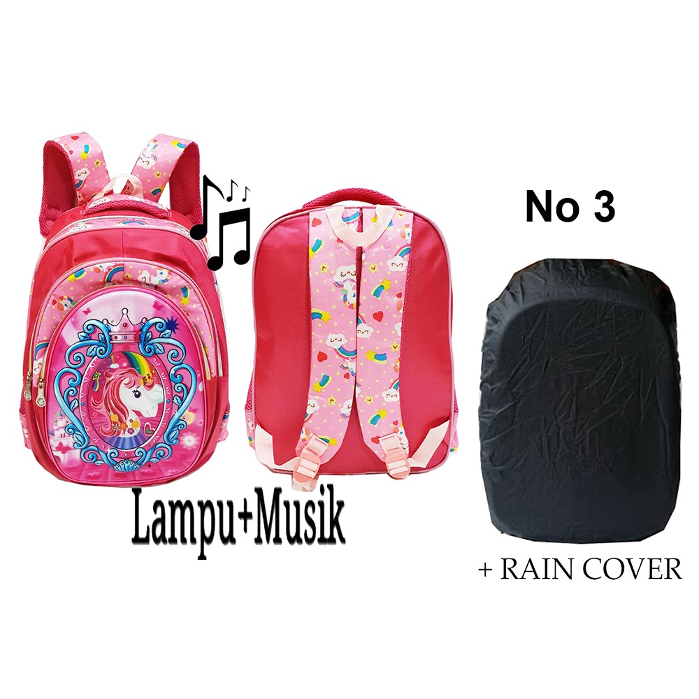 PROMO FREE RAIN COVER Ransel SD 16inch LAMPU DAN MUSIK 5D Timbul Hologram 3 Kantung Besar Import