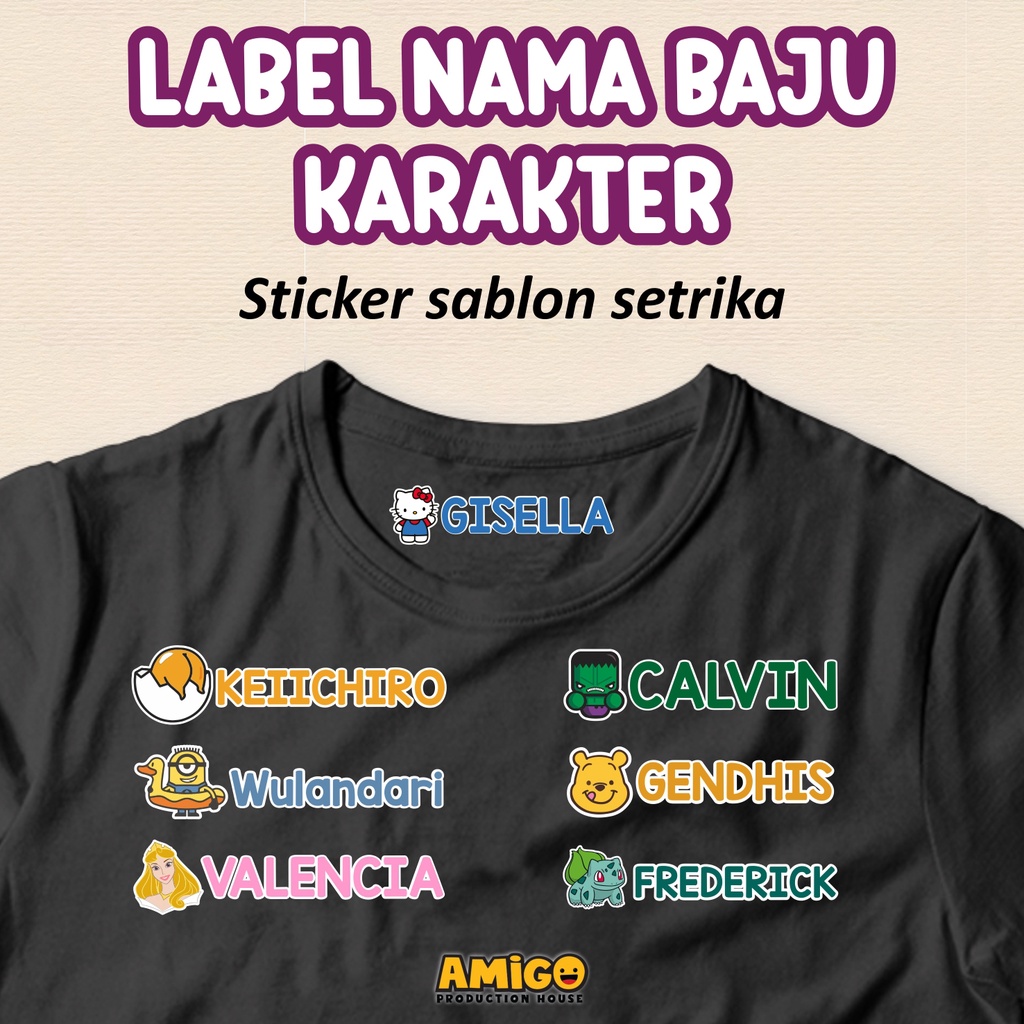 Label Nama Baju Karakter Sticker Baju Kain Stiker Setrika Name Tag Laundry Custom Bahan DTF siap pak