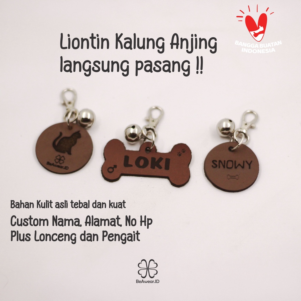 Tag Nama Hewan Anjing Custom / Lionting Nama Kalung Anjing Bahan Kulit Asli Tebal Gratis Lonceng Pengait / Name Dog Cat Pet