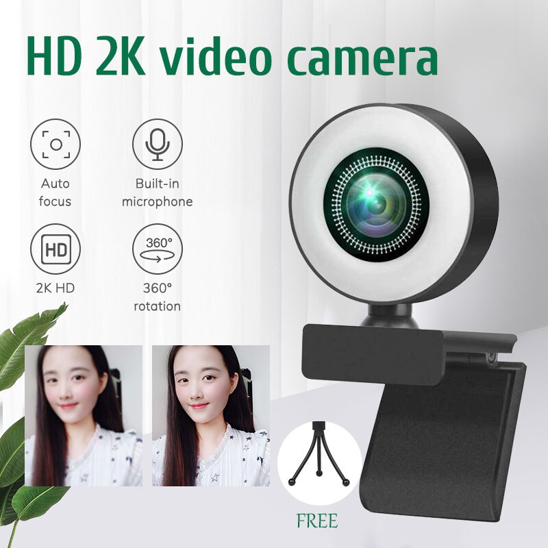 Webcam Camera Full HD 2K Auto Focus Camera USB Ring Light Matrix B12