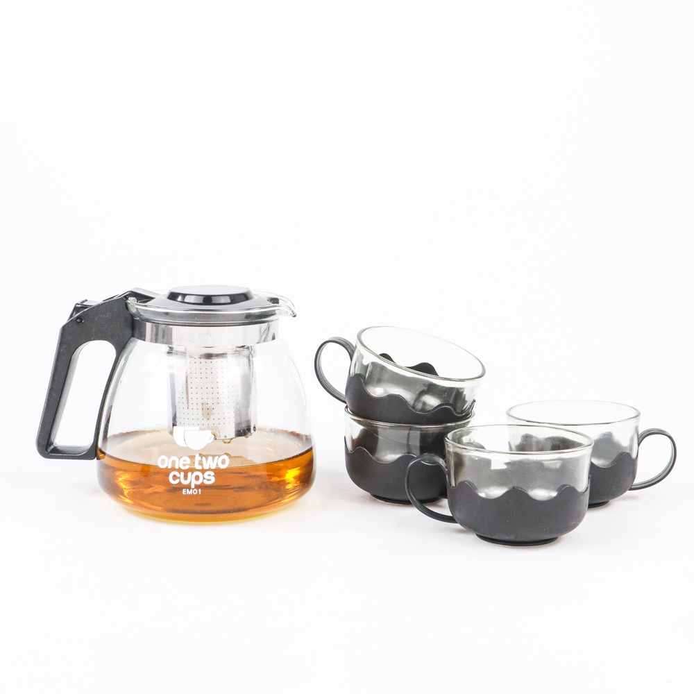 Teko Pitcher Minuman Teh Kopi dengan Saringan Infuser Set 4pcs Gelas Kaca / Teko Kaca 950ml dengan Saringan Infuser dan 4pcs Gelas