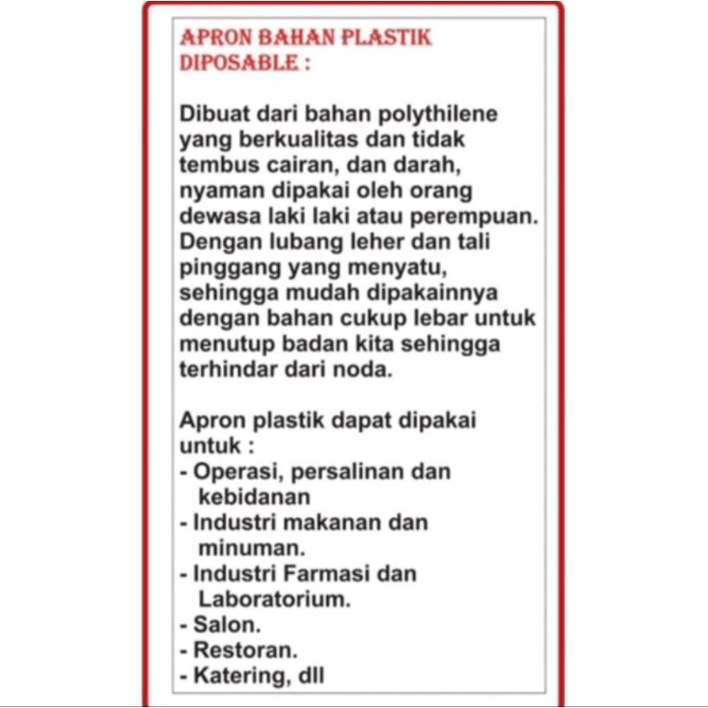 Per Buah - Apron / Celemek Plastik Medis Disposible