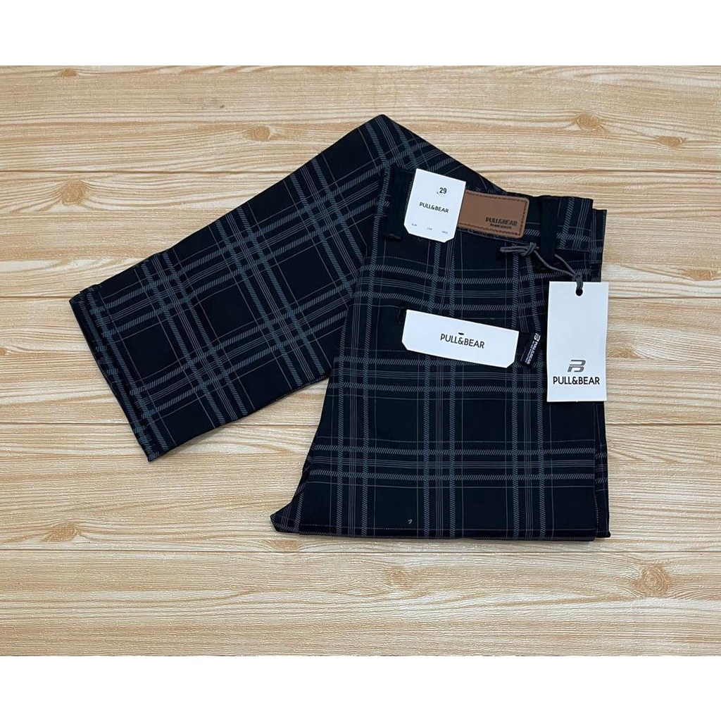 Celana Tartan Pria Slim Fit Pants Tartan Cowok Warna Hitam Celana Casual Motif