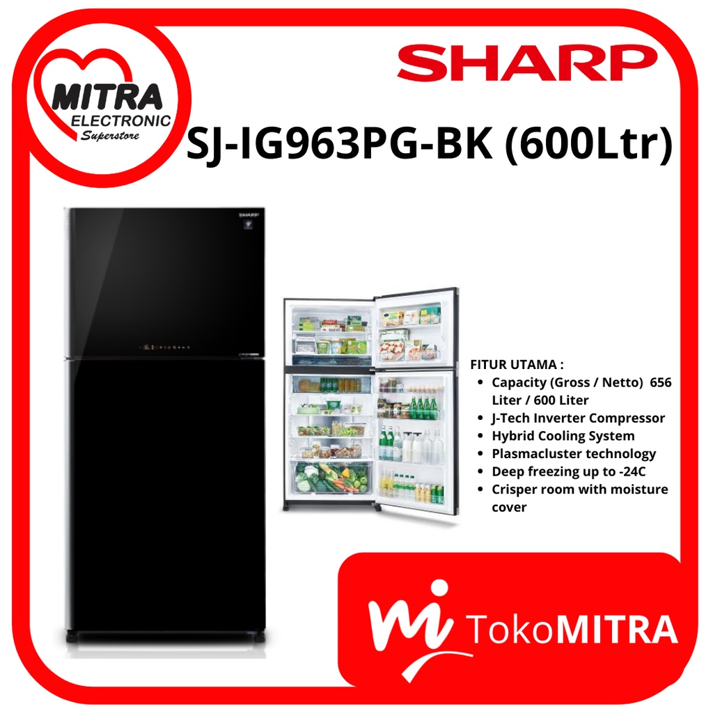 LEMARI ES 2 PINTU SHARP SJ-IG963PG-BK 600Ltr